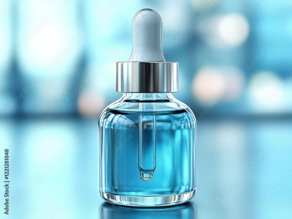 Luxurious Blue Serum in Glass Dropper Bottle on Soft Background Luxurious Blue Serum in Glass Dropper Bottle on Soft Background