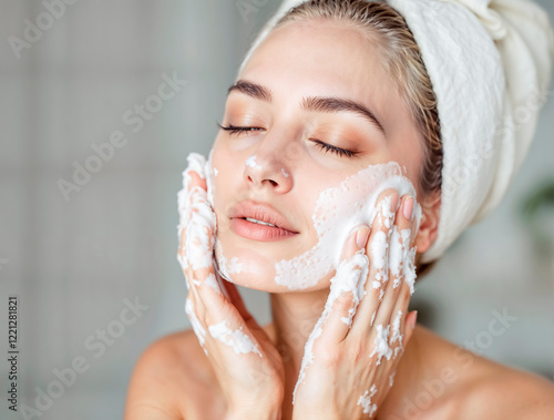 bella mujer caucasica, poniendo crema facial para cuidado de la piel en la cara
