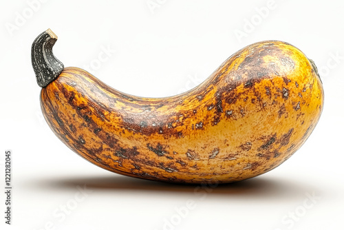 Large, yellow squash with a brown tip. The squash is sitting on a white background. The squash is ripe and ready to be eaten