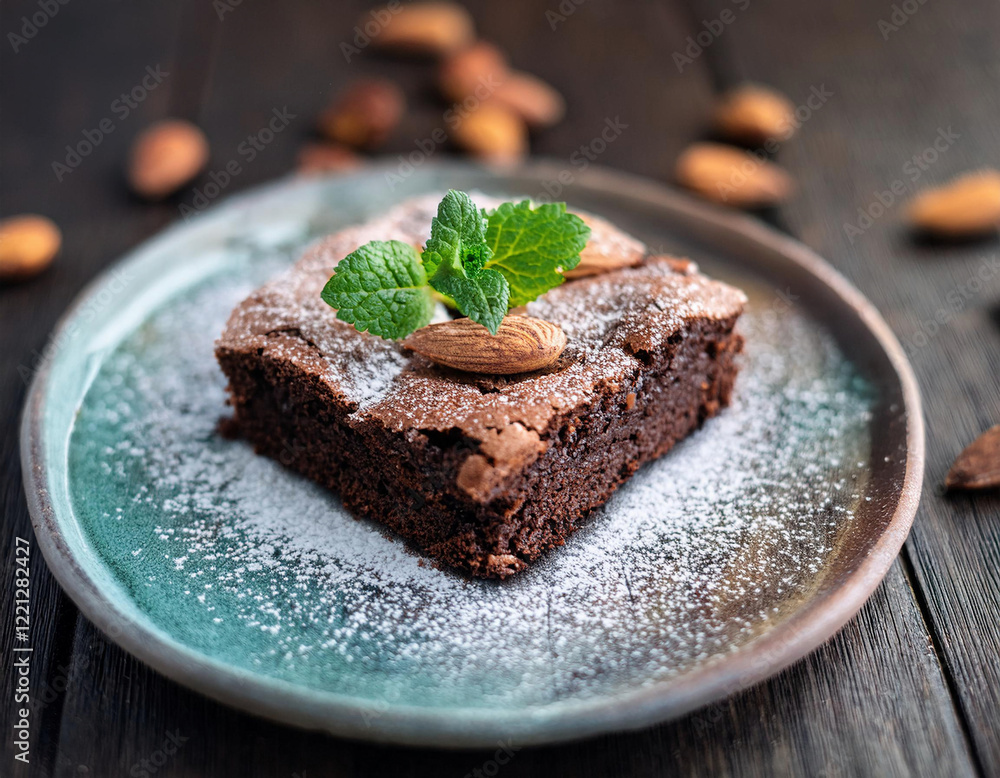A rich chocolate brownie dusted with powdered sugar and garnished with a mint leaf and almond is served on a turquoise ceramic plate. A rich chocolate brownie dusted with powdered sugar and garnished with a mint leaf and almond is served on a turquoise ceramic plate.