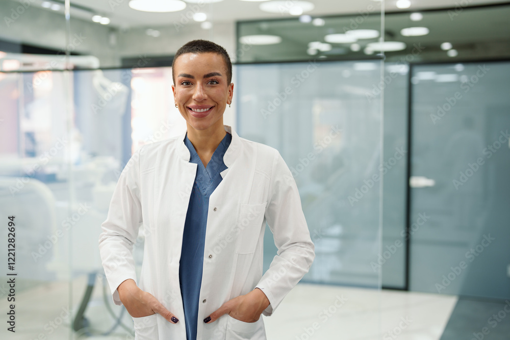 Fototapeta premium A smiling Caucasian female dentist stands confidently in a modern dental clinic, wearing a white coat over blue scrubs. The bright, professional environment underscores her welcoming demeanor.