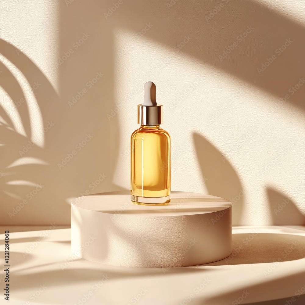 Cosmetic product in golden glass bottle with pipette on podium. 3d render Cosmetic product in golden glass bottle with pipette on podium. 3d render