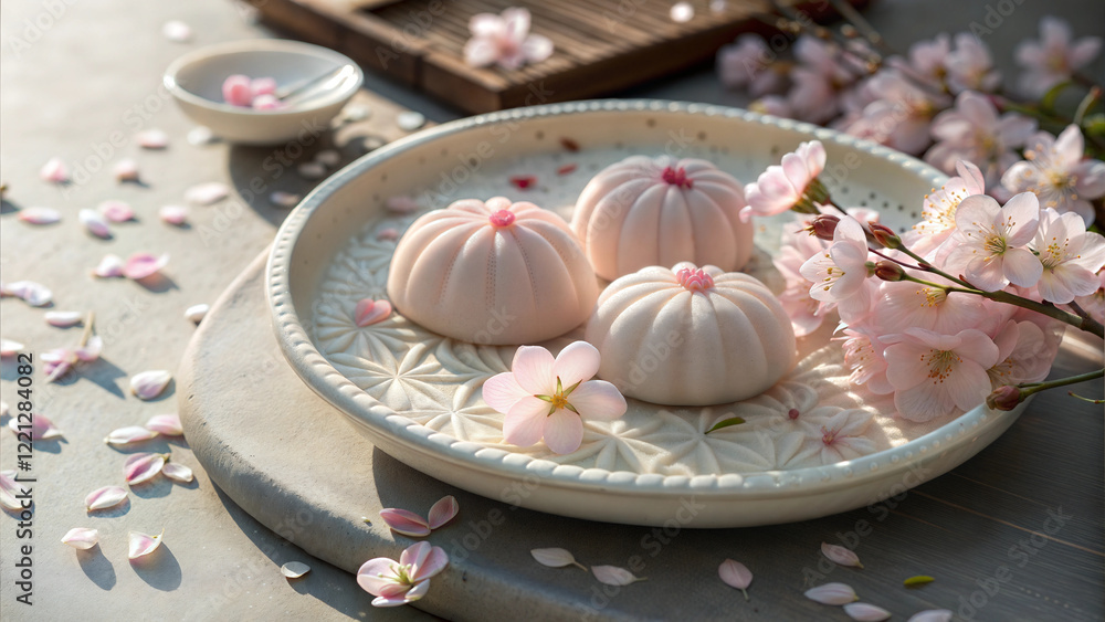 Fototapeta premium Traditional Japanese sweets on an elegant table with cherry blossoms and soft lighting