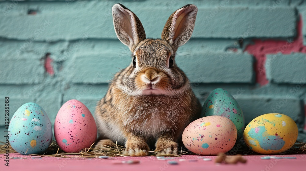 A rabbit sitting next to vibrantly painted Easter eggs on a soft pastel background with room for seasonal messages A rabbit sitting next to vibrantly painted Easter eggs on a soft pastel background with room for seasonal messages