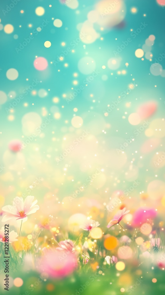 Dreamy spring meadow with bokeh lights and pastel flowers background Dreamy spring meadow with bokeh lights and pastel flowers background