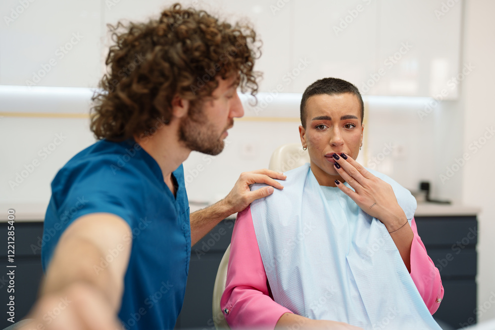Obraz premium A Caucasian male dentist consoles an uncomfortable Caucasian female patient in a modern dental clinic. The dentist, dressed in blue scrubs, reassures the patient, who is seated in the dental chair.
