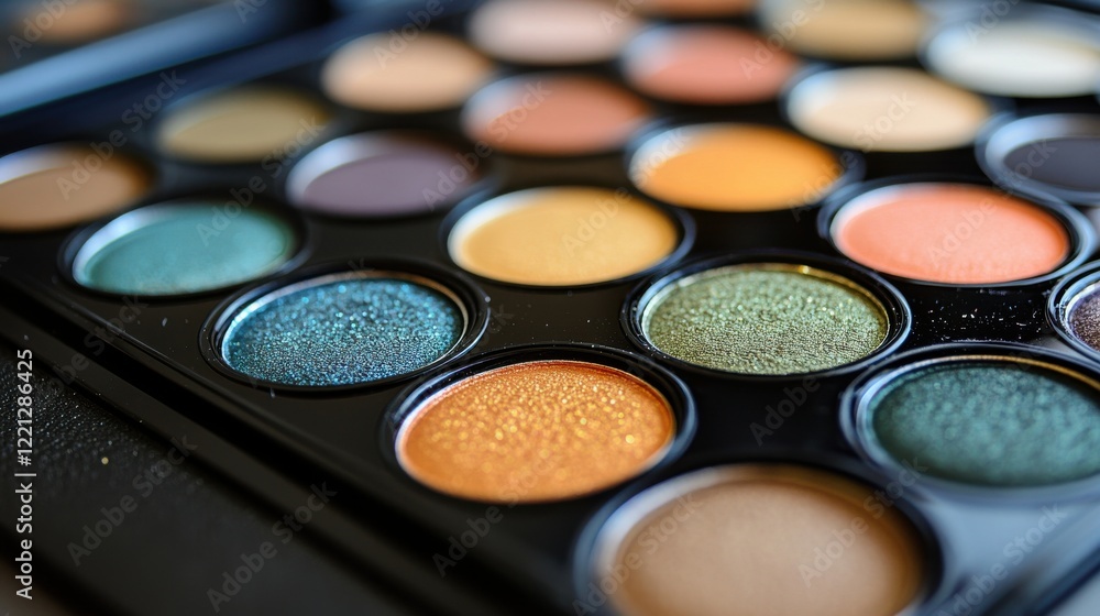 Colorful Eyeshadow Palette with Various Shades and Textures Displayed Colorful Eyeshadow Palette with Various Shades and Textures Displayed