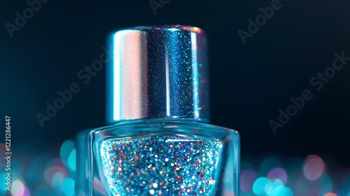 Shimmering glitter-filled nail polish bottle with a dazzling silver cap, glowing in vibrant light. photo