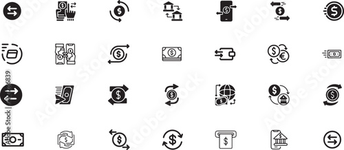 Money transfer icon set, banking, payment, money, transfer, finance, dollar, financial, bank, cash, transaction, currency, online, investment, business, technology, digital, economy, internet, exchang