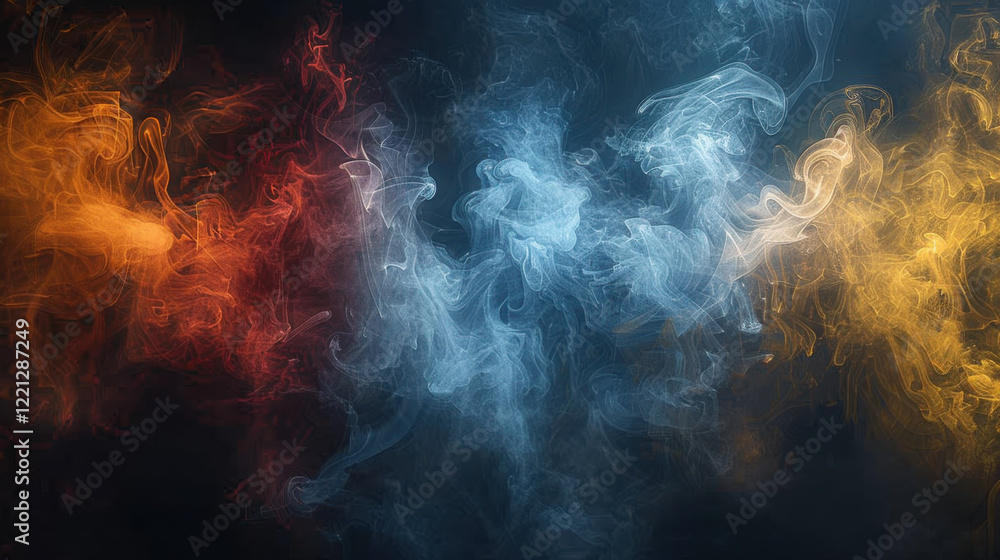 Fototapeta premium Colorful smoke swirls gracefully against black background, creating mesmerizing visual effect. vibrant hues of orange, red, blue, and yellow blend seamlessly, evoking sense of movement and energy