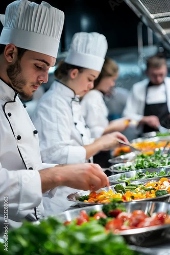 Professional chefs preparing fresh salad in restaurant kitchen