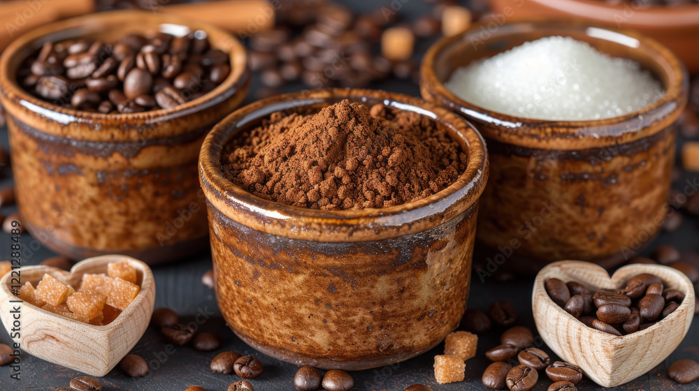 Rich coffee ingredients in rustic bowls, featuring ground coffee, sugar, and coffee beans, create cozy atmosphere perfect for coffee lovers Rich coffee ingredients in rustic bowls, featuring ground coffee, sugar, and coffee beans, create cozy atmosphere perfect for coffee lovers