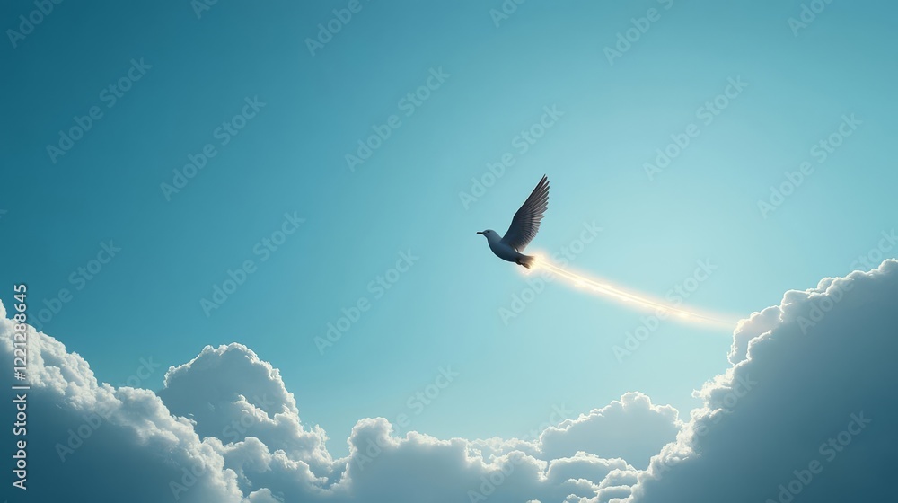 Fototapeta premium Bird flying through the sky, leaving a trail of glowing divine light