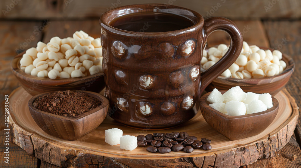 Fototapeta premium cozy arrangement featuring cup of coffee surrounded by sugar cubes, coffee beans, and chocolate treats, perfect for warm and inviting atmosphere