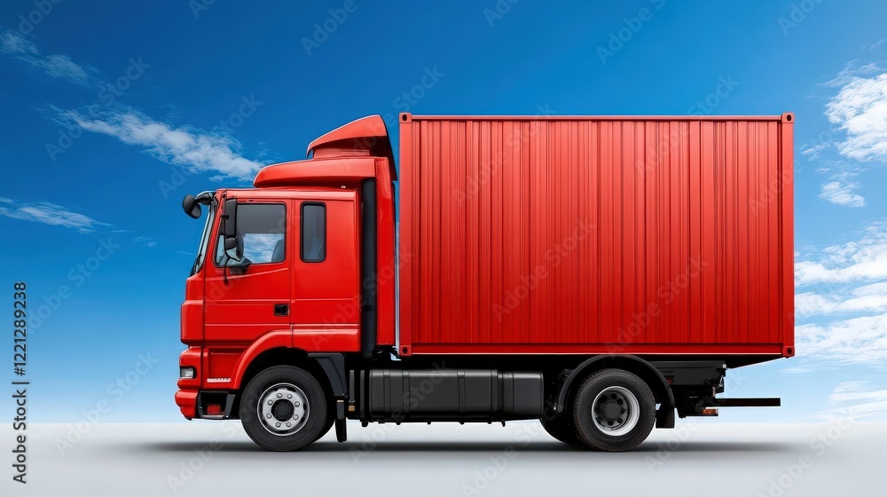 Red Delivery Truck Against Blue Sky: A vibrant red delivery truck, symbolic of transportation and logistics, stands against a backdrop of a bright blue sky with fluffy clouds.