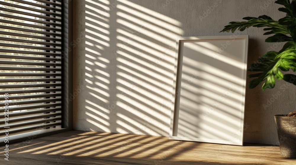 Sunlight illuminates blank frame, plant, blinds. Sunlight illuminates blank frame, plant, blinds.