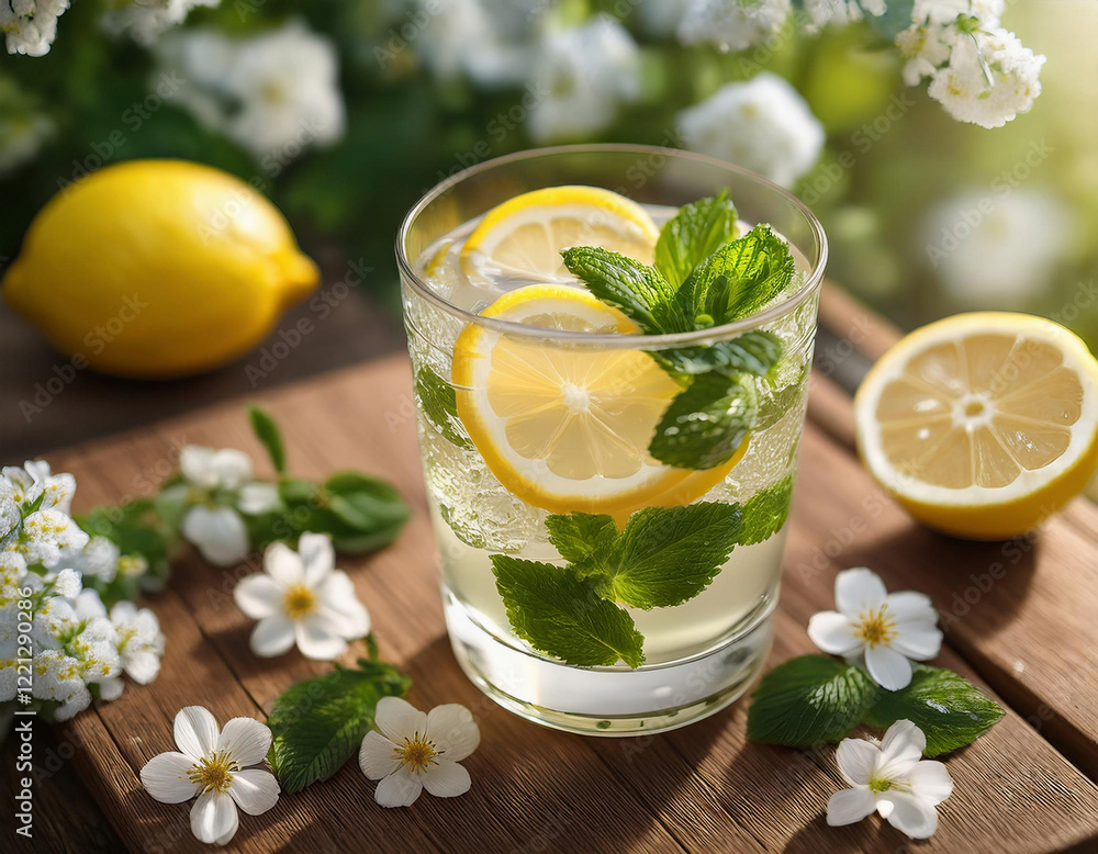 A refreshing glass of lemon mint water is decorated with fresh mint leaves and lemon slices, surrounded by white spring blossoms on a wooden surface. A refreshing glass of lemon mint water is decorated with fresh mint leaves and lemon slices, surrounded by white spring blossoms on a wooden surface.