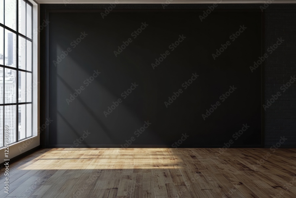 Sunlight streams into a minimalist room with a large black wall and hardwood floor.