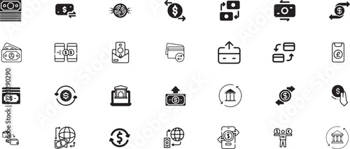 Money transfer icon set, banking, payment, money, transfer, finance, dollar, financial, bank, cash, transaction, currency, online, investment, business, technology, digital, economy, internet, exchang