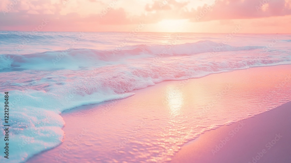 Serene beach at sunset with gentle waves and pastel colors. Serene beach at sunset with gentle waves and pastel colors.