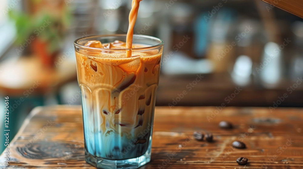Creamy milk is being poured into glass of cold brew coffee, creating beautiful swirl of colors. rich tones of coffee blend with creamy texture, evoking sense of indulgence