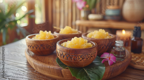 Creamy texture of shea butter in wooden bowls, perfect for skincare and relaxation. warm ambiance enhances soothing experience, ideal for self care routines photo