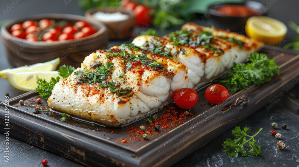 Grilled fish fillet garnished with herbs and spices, served with cherry tomatoes and lemon slices, creating vibrant and appetizing dish Grilled fish fillet garnished with herbs and spices, served with cherry tomatoes and lemon slices, creating vibrant and appetizing dish