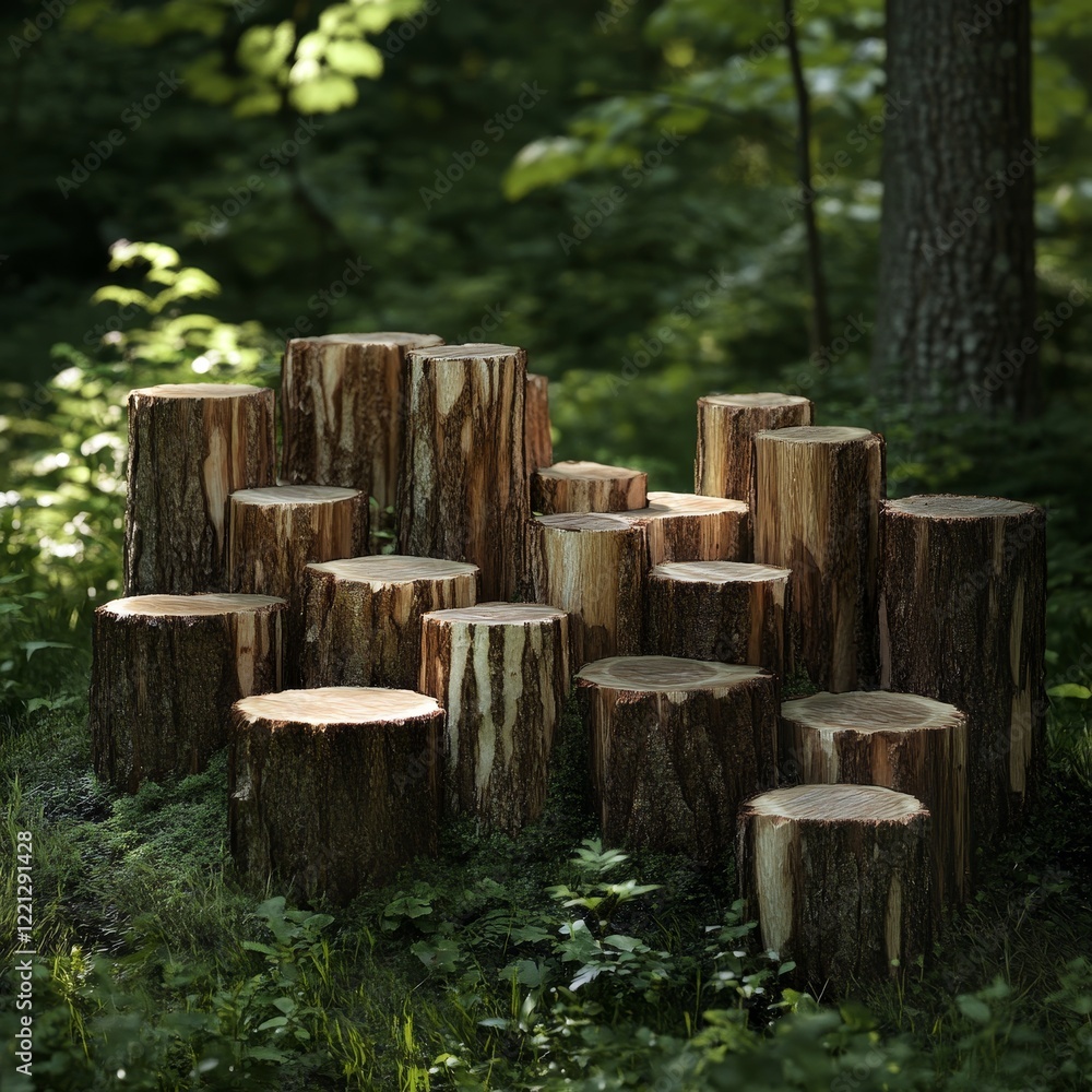 Stump in the forest with tree trunks and green grass. Stump in the forest with tree trunks and green grass.