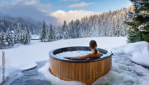 Generated image A hot tub surrounded by snow, with a view of a snowy forest and a person relaxing in the warm bath