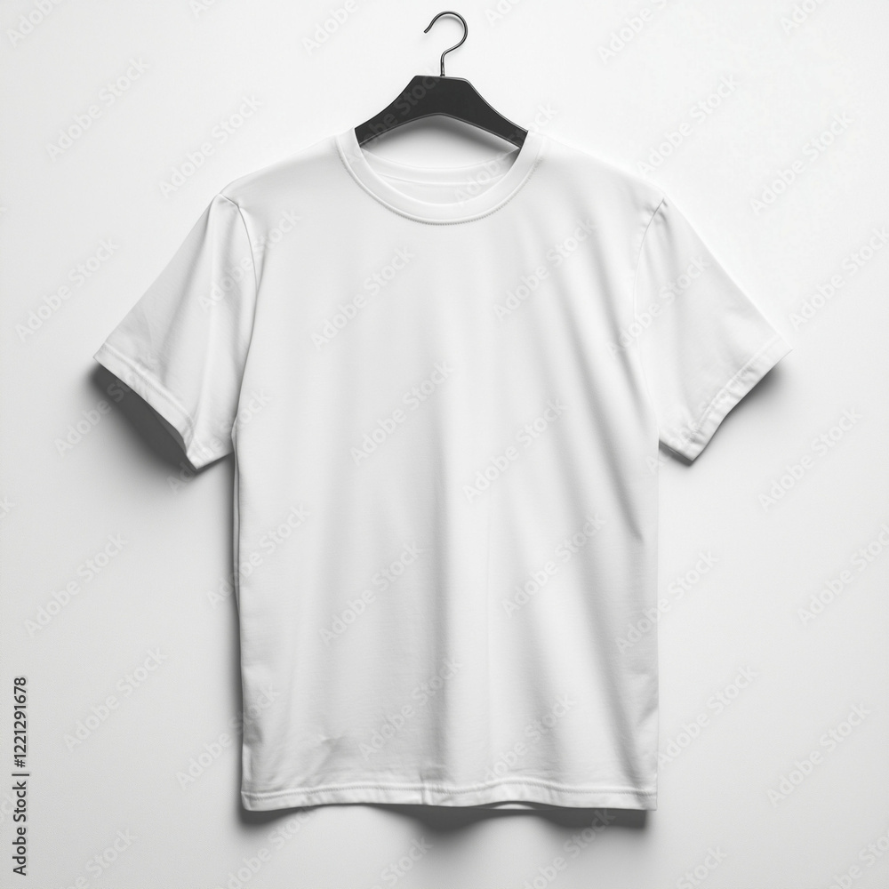 Mockup of a plain white t-shirt hanging on a clothes hanger against a light background Mockup of a plain white t-shirt hanging on a clothes hanger against a light background
