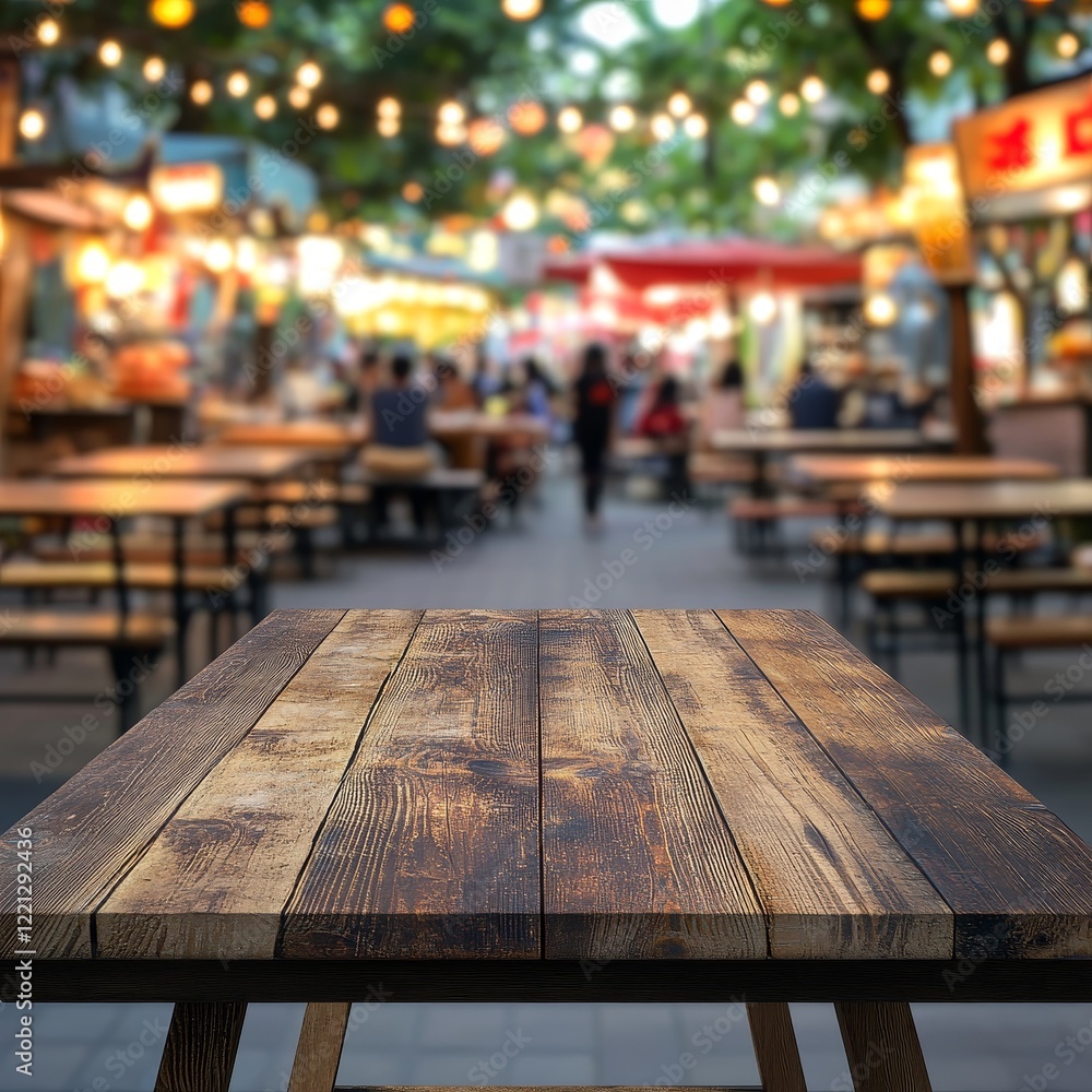 Empty wooden table and blurred background of street food market. For product display Empty wooden table and blurred background of street food market. For product display
