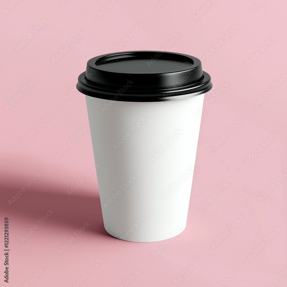 Mockups of white paper coffee cup with black lid against simple pink background Mockups of white paper coffee cup with black lid against simple pink background