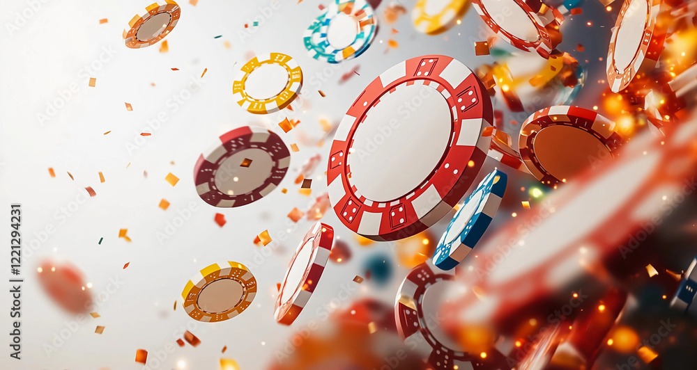 Obraz premium Stock image of poker chips suspended in midair, symbolizing the excitement of a winning streak in a casino. A dynamic representation of luck, risk, and high-stakes gambling 