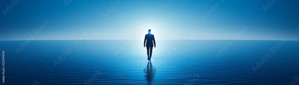 Figure walking on water, surrounded by a bright divine glow Figure walking on water, surrounded by a bright divine glow