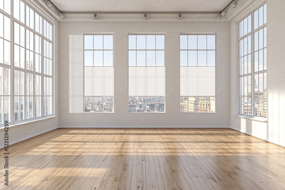 Sunlit empty room with large windows and hardwood floors. Sunlit empty room with large windows and hardwood floors.