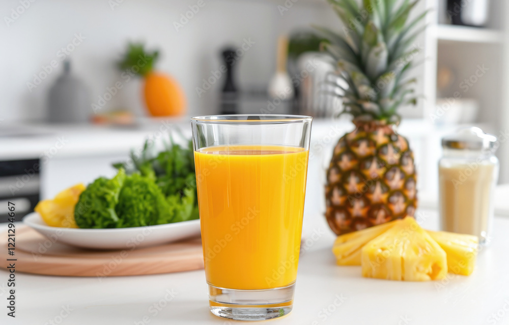A glass of fresh pineapple juice with pineapple chunks and a whole pineapple in the background, suggesting a healthy and refreshing drink. A glass of fresh pineapple juice with pineapple chunks and a whole pineapple in the background, suggesting a healthy and refreshing drink.