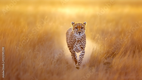 A wild cheetah running at full speed across an open savanna, its sleek body stretched out mid-sprint, wildlife banner