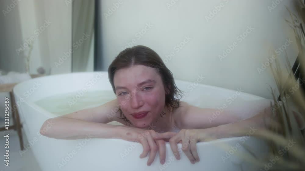 Portrait of Caucasian happy girl smiling for camera while sitting in oval bathtub during weekend at home Portrait of Caucasian happy girl smiling for camera while sitting in oval bathtub during weekend at home
