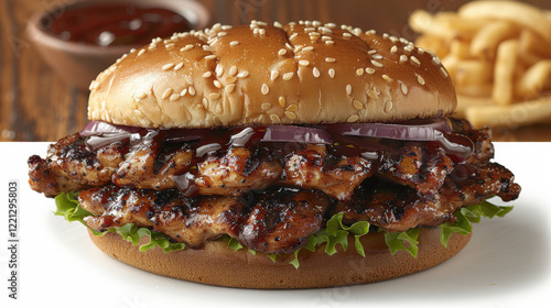 Wallpaper Mural Delicious crispy fried chicken burger sandwich with fresh lettuce, grilled chicken, and barbecue sauce, served with fries on side Torontodigital.ca