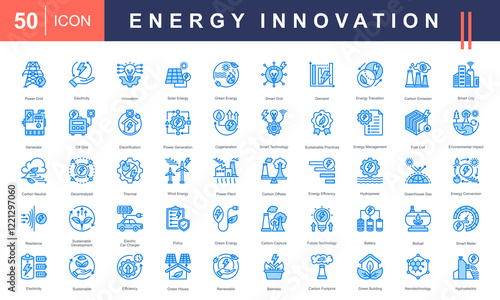 Icons for Energy Innovation, covering solar, wind, hydropower, green energy, smart grids, sustainability, carbon emission reduction, and future technologies. Perfect for clean energy projects.