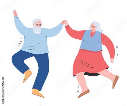An elderly couple dances happily. The old people are actively moving and enjoying life. Vector flat graphics.
