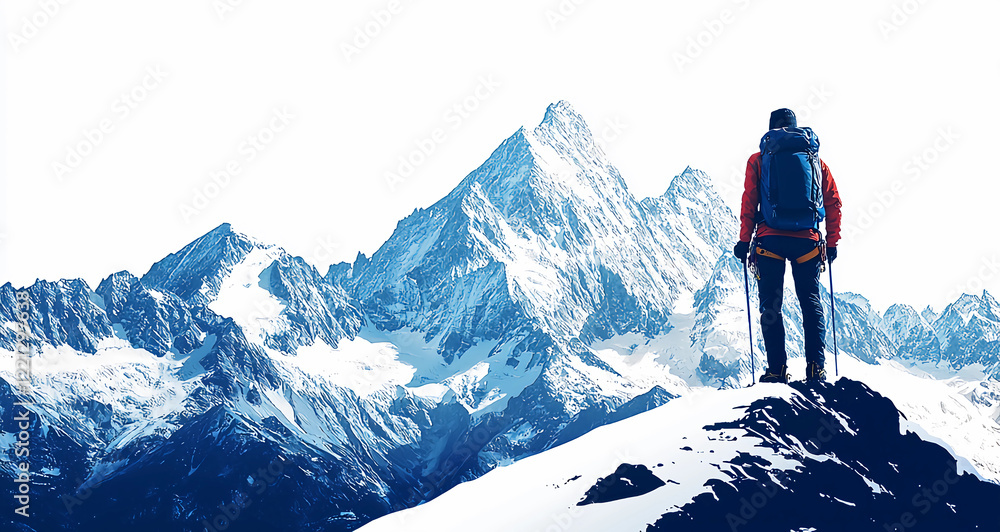Stock image of traveler with backpack climbing snowy mountains isolated on a white background, concept of travel and explorations Stock image of traveler with backpack climbing snowy mountains isolated on a white background, concept of travel and explorations
