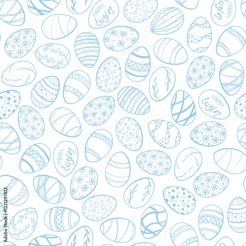 Seamless pattern with Easter eggs decorated with various ornaments: lines, dots, flowers and geometric elements. Light background emphasizes the elegance of the pattern. Seamless pattern with Easter eggs decorated with various ornaments: lines, dots, flowers and geometric elements. Light background emphasizes the elegance of the pattern.