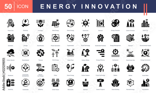 Icons for Energy Innovation, covering solar, wind, hydropower, green energy, smart grids, sustainability, carbon emission reduction, and future technologies. Perfect for clean energy projects.