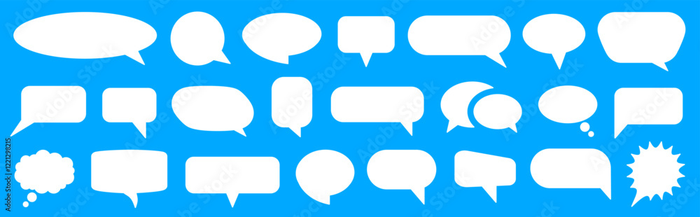 Speech bubble set, white cartoon text box, text balloon, different empty comic speech discussion bubble icons, talk cloud bubble collection, pop art frame or border, chat sign Speech bubble set, white cartoon text box, text balloon, different empty comic speech discussion bubble icons, talk cloud bubble collection, pop art frame or border, chat sign