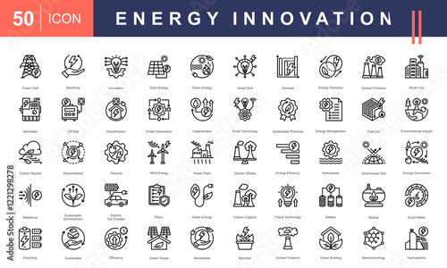 Icons for Energy Innovation, covering solar, wind, hydropower, green energy, smart grids, sustainability, carbon emission reduction, and future technologies. Perfect for clean energy projects.