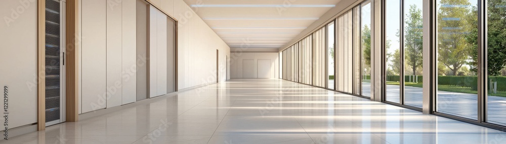 Fototapeta premium A modern corridor featuring large windows, smooth flooring, and natural light, creating a spacious and inviting atmosphere.
