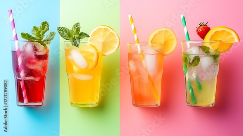 Wallpaper Mural Four takeaway glasses of summer drinks with ice lemonade isolated on a colorful background Torontodigital.ca