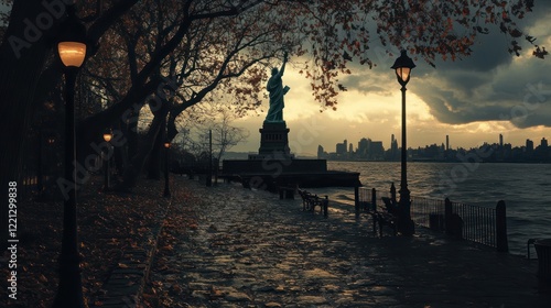 Serene Sunset at Liberty Island: A Picturesque View of Lady Liberty and the NYC Skyline