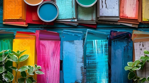 Vibrant collection of colorful painted wooden shutters and window frames arranged in rows, featuring bold turquoise, pink, orange and blue tones, with decorative green plants adding natural accent. photo